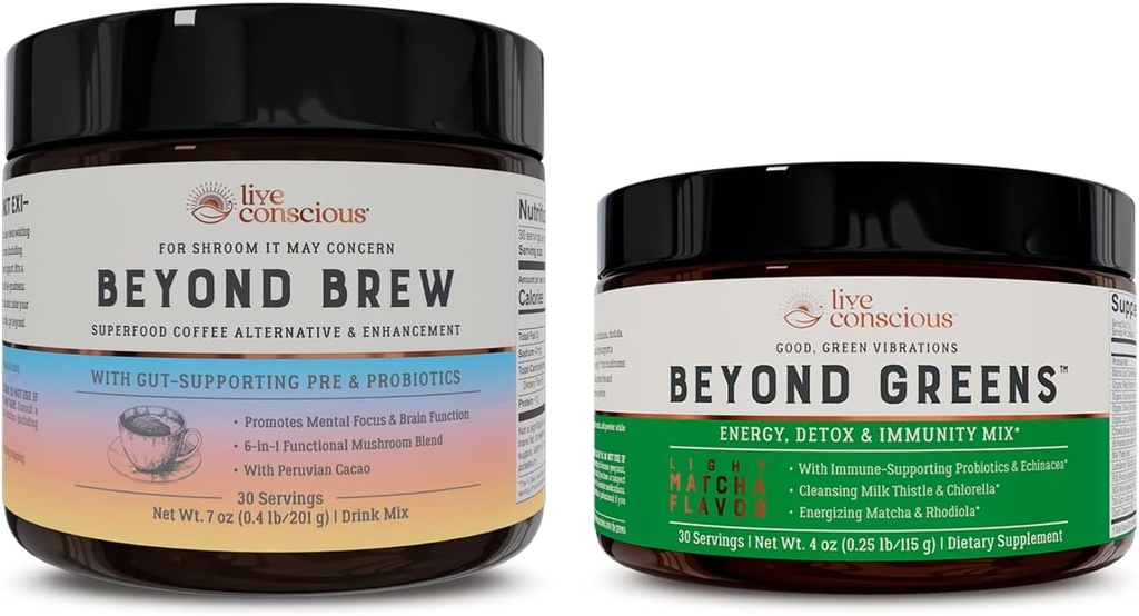Live Conscious Beyond Greens & Beyond Brew | Delicious Greens Powder for Bloating + Pilz Superfood Kaffee Alternative Koffein kostenlos
