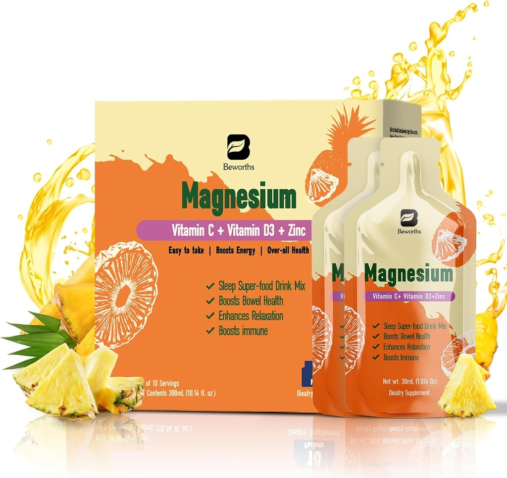 Magnesium Citrat Liquid Supplement, mit Bromelain, Vitamin C, D3, B6, Zink, Hochabsorption Magnesium Citrat Mundlösung, Magnesium für Verstopfung, Zzz & Energie, Ananas, 10 Fl Oz