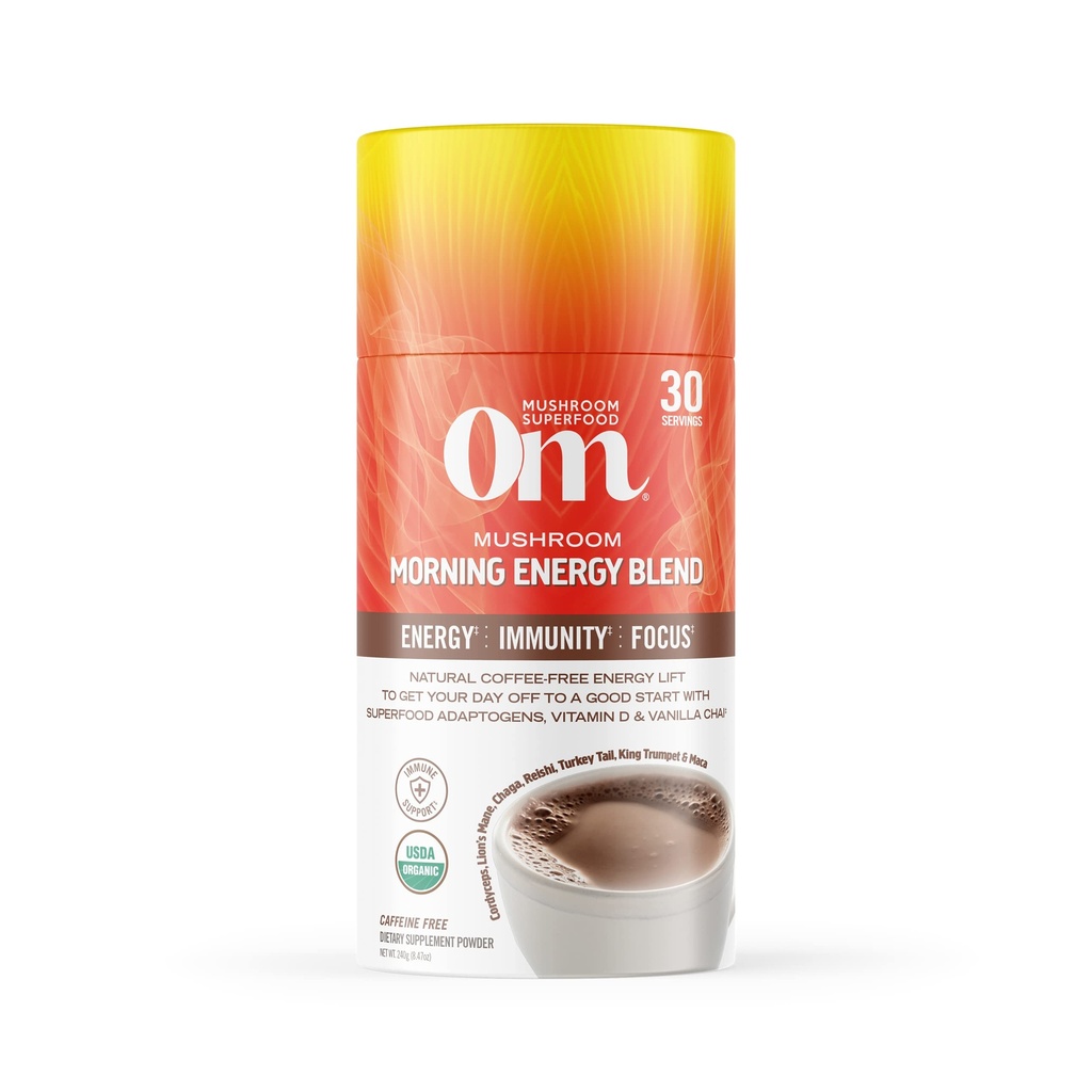 Om Mushroom Superfood Morning Energy Blend Mushroom Powder Drink, 8.47 Unze Canister, Kaffeefreies Energy Drink mit Cordyceps, Vitamin D2, Agaricus Bisporus, Lion's Mane, Rhodiola und Türkei Tail