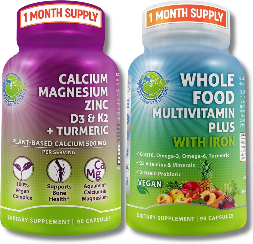 Vegan Ganzes Lebensmittel Multivitamin mit Eisen + Pflanzenbasiertes Calcium, Magnesium, Zink, D3, K2 & Turmeric – Vegan Tägliche Unterstützung für Energie, Knochengesundheit, Immunität & Gesamt Wellness Trio