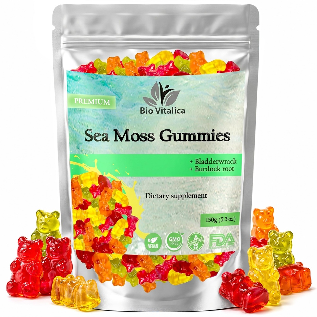 Sea Moss Gummies - Irisches Meer Moss roh Bio, Bladderwrack, Burdock Root. Enthält Sea Moss Gel und Pulver. Superfoods für Vegan, Keto und Dr Sebi Ernährung. Immune Boosting (1, Original)