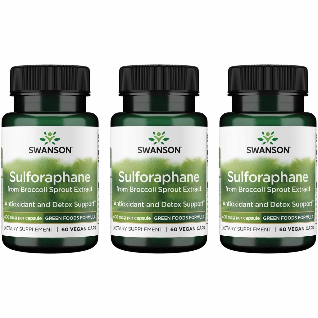 Swanson Sulforaphane Broccoli Sprout Extract for Adults Seeking Liver and Cellular Health Support - Standardized to 0.4% Sulforaphane (60 Vegan Capsules, 400 mcg, 3 Pack)