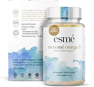 esmé menomé Omega 3 Tägliche Ernährungsunterstützung für Perimenopause, Menopause und Postmenopause 60 Kapseln 30 Tage Nahrungsergänzungsmittel 660mg EPA & 440mg DHA pro Tag Servieren