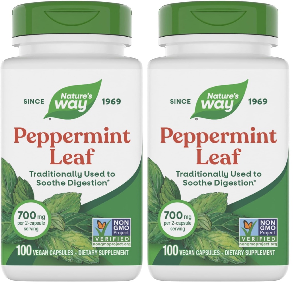 Nature's Way Premium Kräuter Pfefferminz Blatt, Traditionelle Verdauungs- und Dekomfort-Unterstützung*, 700mg pro Servierung, 100 Kapseln (Pack von 2)