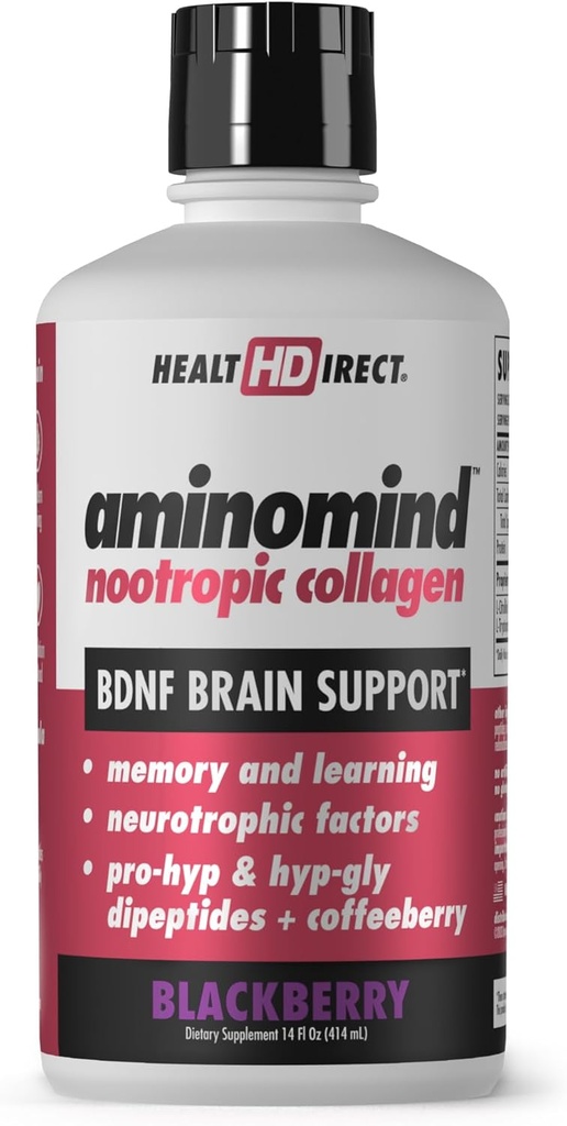 HEALTH DIRECT - AminoMind - Nootropic Collagen Supplement for Brain Health and BDNF - Pro-Hyp & Hyp-Gly Dipeptide, Coffeeberry Antioxidants - BlackBerry - 14 Fl Oz (28 Servierungen)