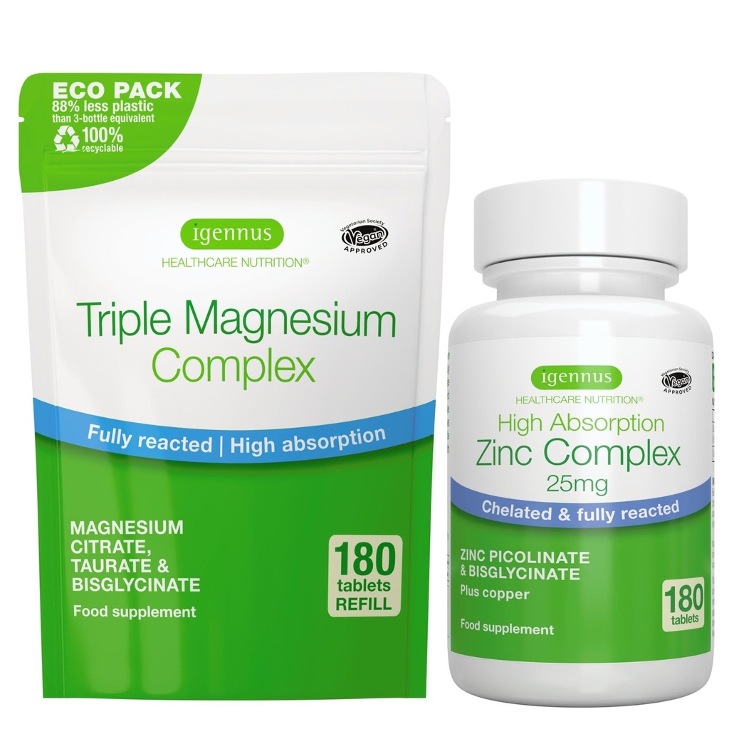 Triple Magnesium Complex 180 Tabletten + Zink Complex Vegan Bundle, hohe Absorption Chelat Magnesium + 25mg Chelat Zink Picolinat & Bisglycinat mit Kupfer, von Igennus