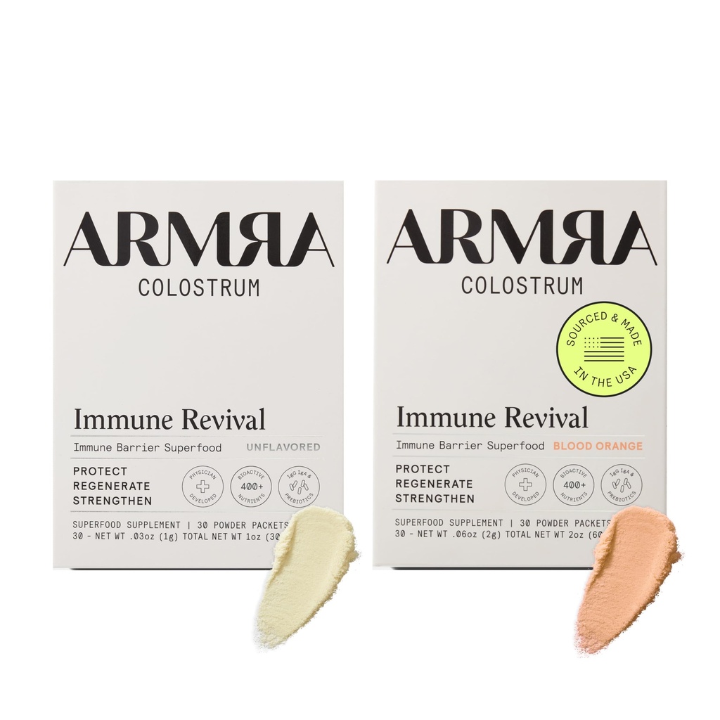 ARMRA ColostrumTM Premium-Pulver, Gras Fed, Gut Health Bloating Immunität Haut & Haar, Enthält 400+ Bioactive Nährstoffe, Keto, Gluten & Fat Free (Unflavored, Blut Orange Bundle | 60 Portionen)