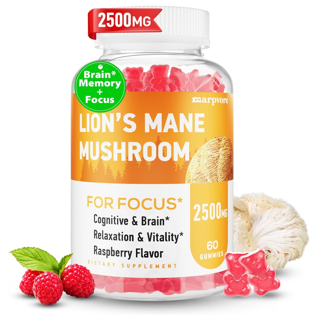 Lions Mane Gummies, Bio Lion's Mane, Lions Mane Gummies für Erwachsene, mit Ashwagandha & Alpha GPC, Cortisol Ergänzungen für Frauen & Männer, 60 Zähler