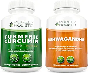 Organic Turmeric Curcumin 700mg & Bioperine + Organic Ashwagandha 1300mg & Black Pepper - Vegan Bundle - 120 + 180 Kapseln - Made in USA