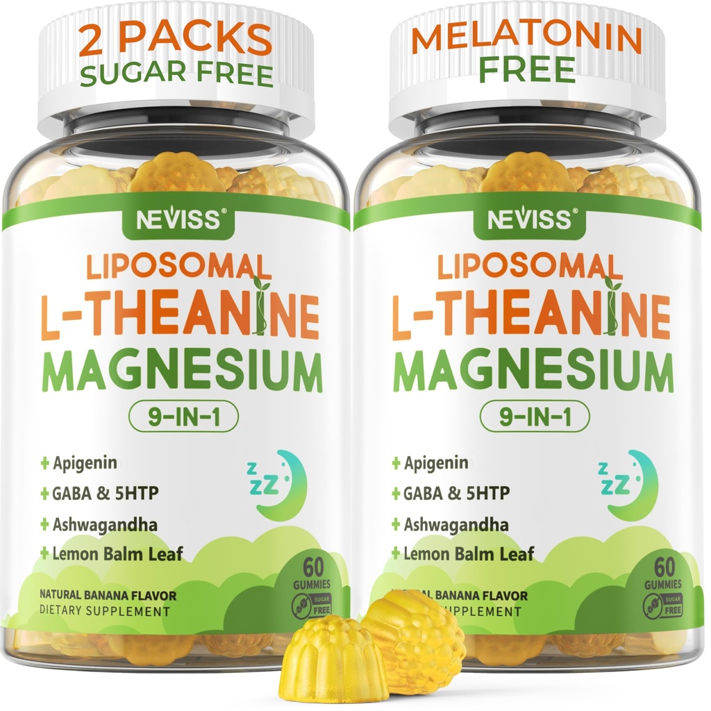 Liposomal L-Theanin 200mg Magnesium Glycinate 400mg Gummi mit GABA, 5HTP, Apigenin, Vitamin B6 & D3, Ashwagandha, Zitronenbalsamblatt, Melatonin Free Sleep Chewable for Relax Mood & Muskel, 2 Packungen