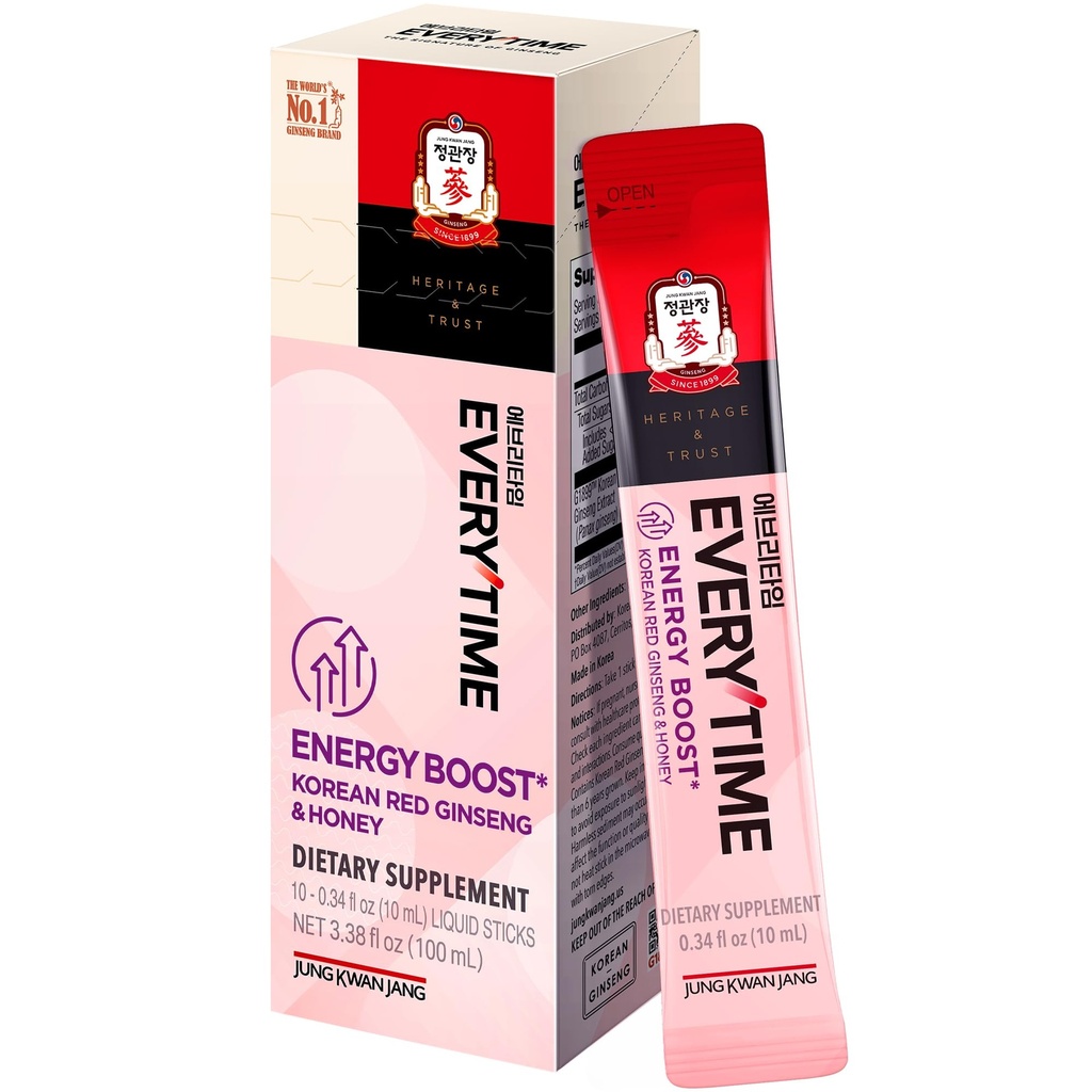 JUNG KWAN JANG Everytime Energy Boost Korean Red Ginseng Extract 1000mg & Honey - Vegan Ginseng Energy Drink Liquid Stick Supplements - baut Stamina & Immunität No Caffeine (10 Sticks, 0.34 fl oz)