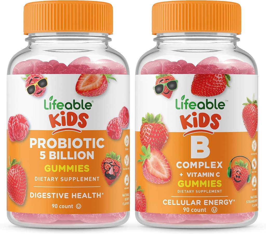 Lifeable Probiotics 5 Billion Kids + B Complex Kids, Gummis Bundle - Große Verkostung, Vitamin Supplement, Glutenfrei, GMO frei, Kaugummi