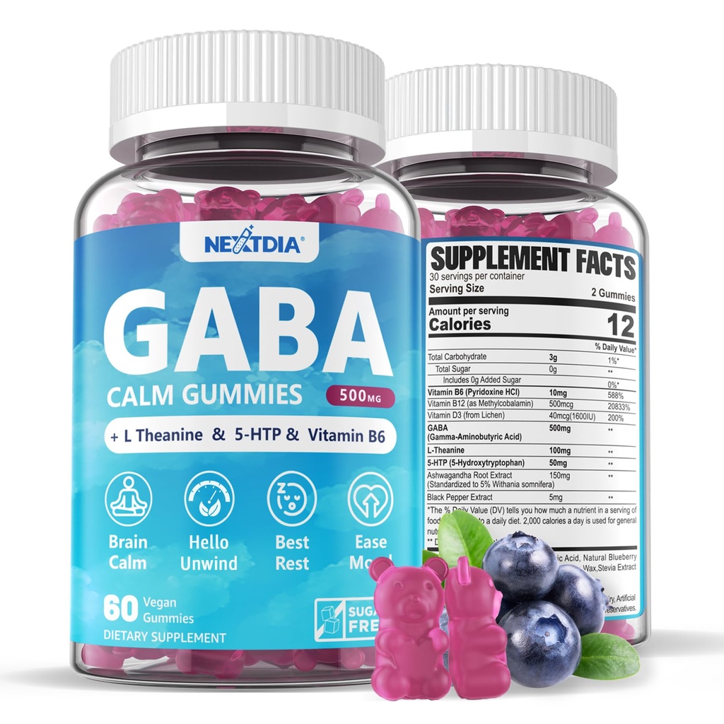 GABA Gummies 500 mg - Sugar-Free Calm Gummis mit L Theanine, 5-HTP, Vitamine D3, B12, Ashwagandha, Melatonin-Free für Brain Calm, Mood, Zzz Better, GABA Supplement für Erwachsene, Blueberry Flavor, 1Pack