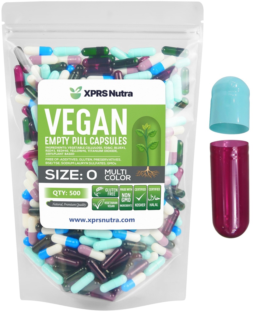XPRS Nutra Größe 0 Leere Kapseln - 100 Count Leere Vegan Kapseln - Vegetarische Pillen - DIY Gemüse Kapsel Füllung- Veggie Pillen Kapseln für Do-It-Yourself Ergänzungen (Multi Color)