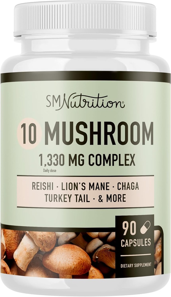 10 Pilz Complex Supplement | 1300+ MG Blend mit Lions Mane, Turkey Tail, Cordyceps, Reishi, Shiitake, Maitake, Chaga & White Button Mushroom | Immun- & Adaptogen Support | 90 C
