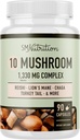 10 Pilz Complex Supplement | 1300+ MG Blend mit Lions Mane, Turkey Tail, Cordyceps, Reishi, Shiitake, Maitake, Chaga & White Button Mushroom | Immun- & Adaptogen Support | 90 C