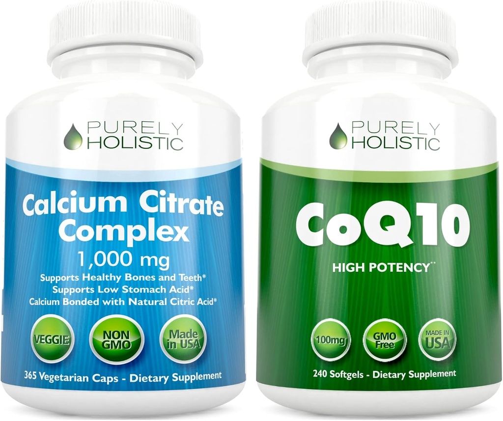 Calcium Citrate Complex 1000mg + CoQ10 100mg - 365 Vegan Kapseln + 240 Softgels Bundle - Ohne Vitamin D - Made in USA