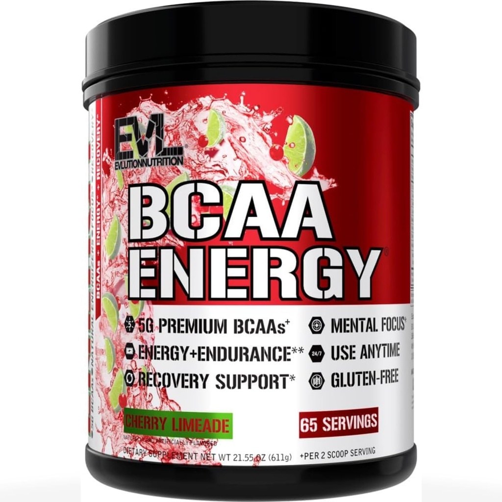 Evlution EVL BCAAs Amino Acids Powder - BCAA Energy Pre Workout Powder for Muscle Recovery Lean Growth and Endurance - Rehydrating Post Workout Recovery Drink mit natürlichem Koffein - Cherry Limeade