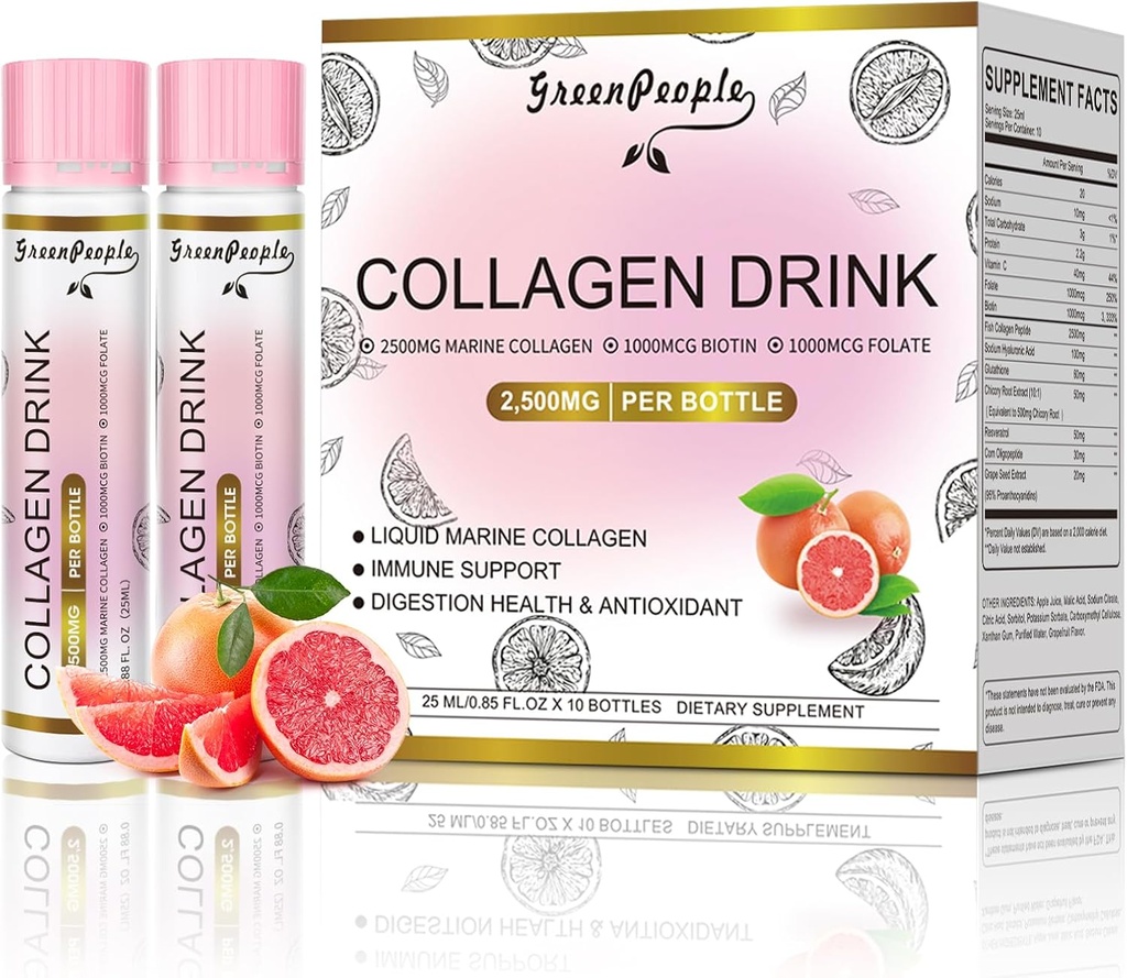 GREENPEOPLE flüssiges Kollagen für Frauen und Männer, 2500mg Fisch Collagen Peptide + Hyaluronsäure + Vitamin Bs & C, Haar Hautnägel Gelenke Knochen Unterstützung (0.85 fl oz, 10 Flaschen, Grapefruit)