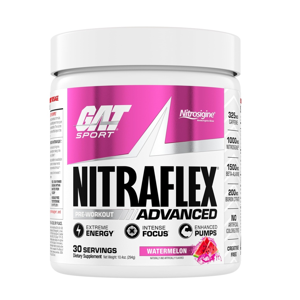 GAT SPORT Nitraflex Advanced Pre-Workout Powder, erhöht den Blutfluss, steigert Kraft und Energie, verbessert die Übungsleistung, Creatine-Free (Watermelon, 30 Portionen)