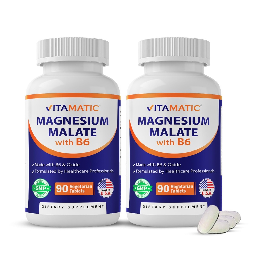 Vitamatic Magnesium Malate 2000mg pro Servieren - 90 Vegetarische Tabletten - Hinzugefügt B6 für maximale Absorption - unterstützt Muskel-, Gelenk- und Herzgesundheit* (2 Flaschen, entflammt)