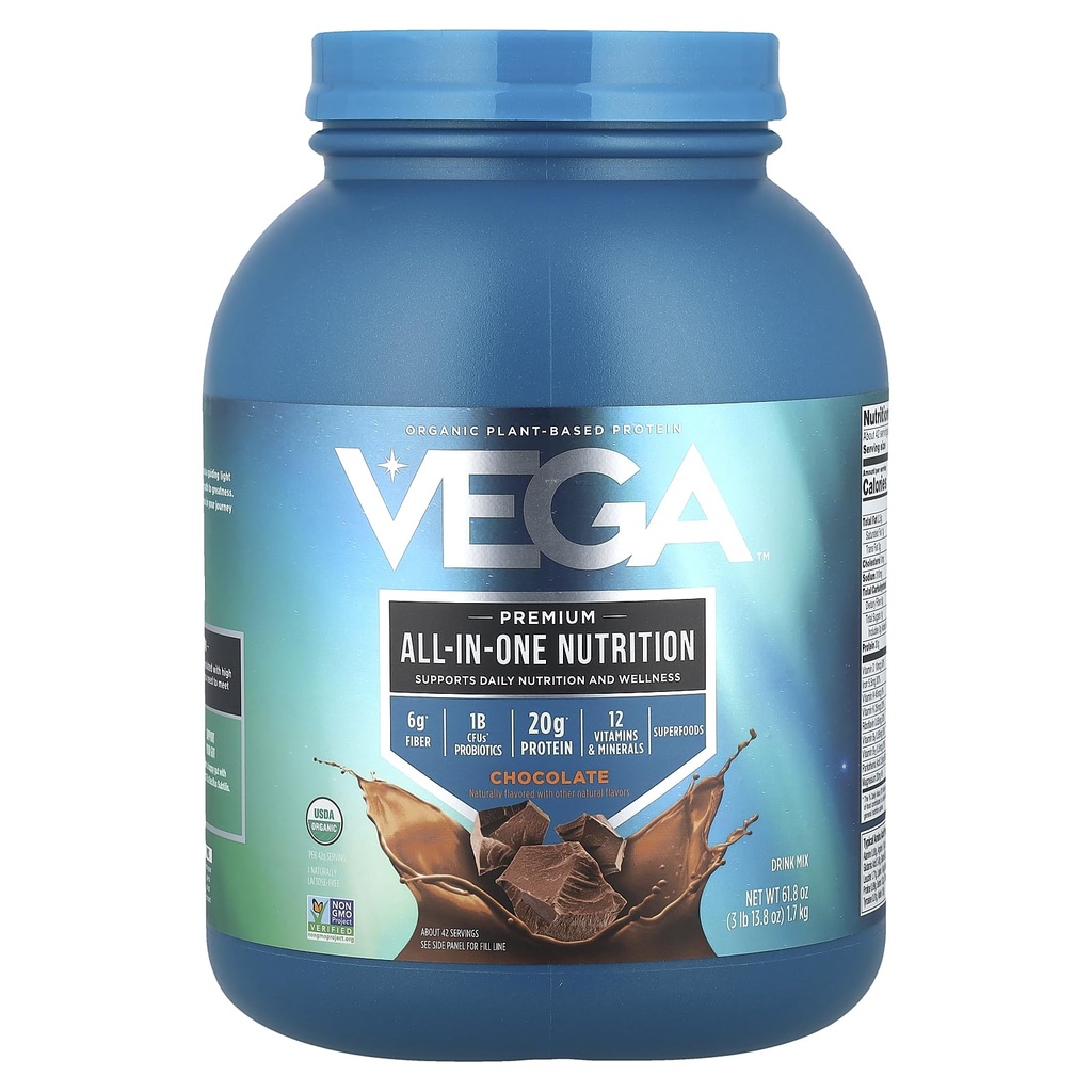 Vega All in One Nutrition Organic - 20g Pflanzenbasierte Pea Protein, Schokolade, 42 Servierungen, Vitamine A & C, Probiotics, Greens, Vegan, Keto, Gluten Free, 61.8oz (Packaging May Vary)
