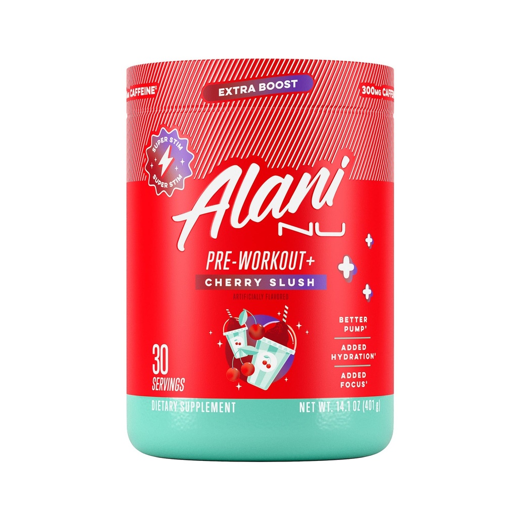 Alani Nu Pre Workout+ Pulver Cherry Slush, Extra Boost, Sugar Free, 300mg Koffein, L-Theanin, Beta-Alanin, Citrulline, 30 Servietten