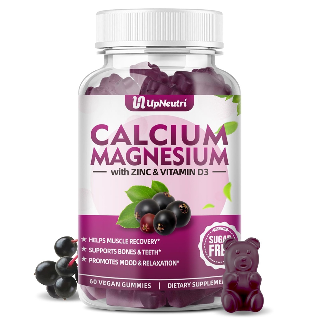 Calcium Magnesium Zink mit Vitamin D3 Beilage, Zucker freie Kalziumgummis für Damen, hohe Absorption Zink-Gummien für Knochen & Muskel & Immun Gesundheit, Vegan Elderberry Flavor - 60 Count