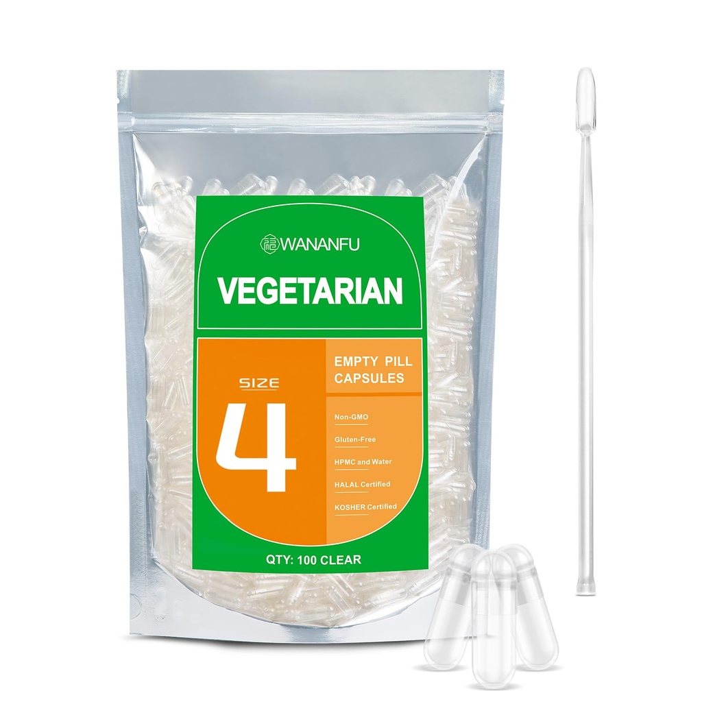 wananfu Size 4 Empty Capsules Vegetarian (100 Count) Bundle with 2 Micro Lab Spoons, Clear Fillable Veggie Pill Capsules Size 4 for Making Your Own Supplements