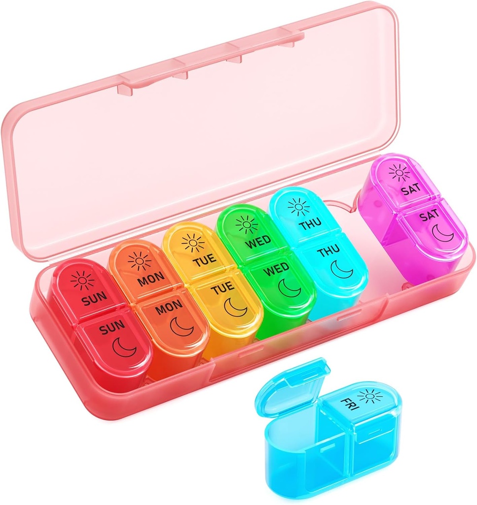 Betife Weekly Pill Organizer 2 Mal pro Tag, 7 Tage Pille Box AM PM, Portable Travel Pill Case, Tägliche Pille Container Tag und Nacht, Medizin Organizer für Medikamente, Vitamin oder Ergänzung (Pink)