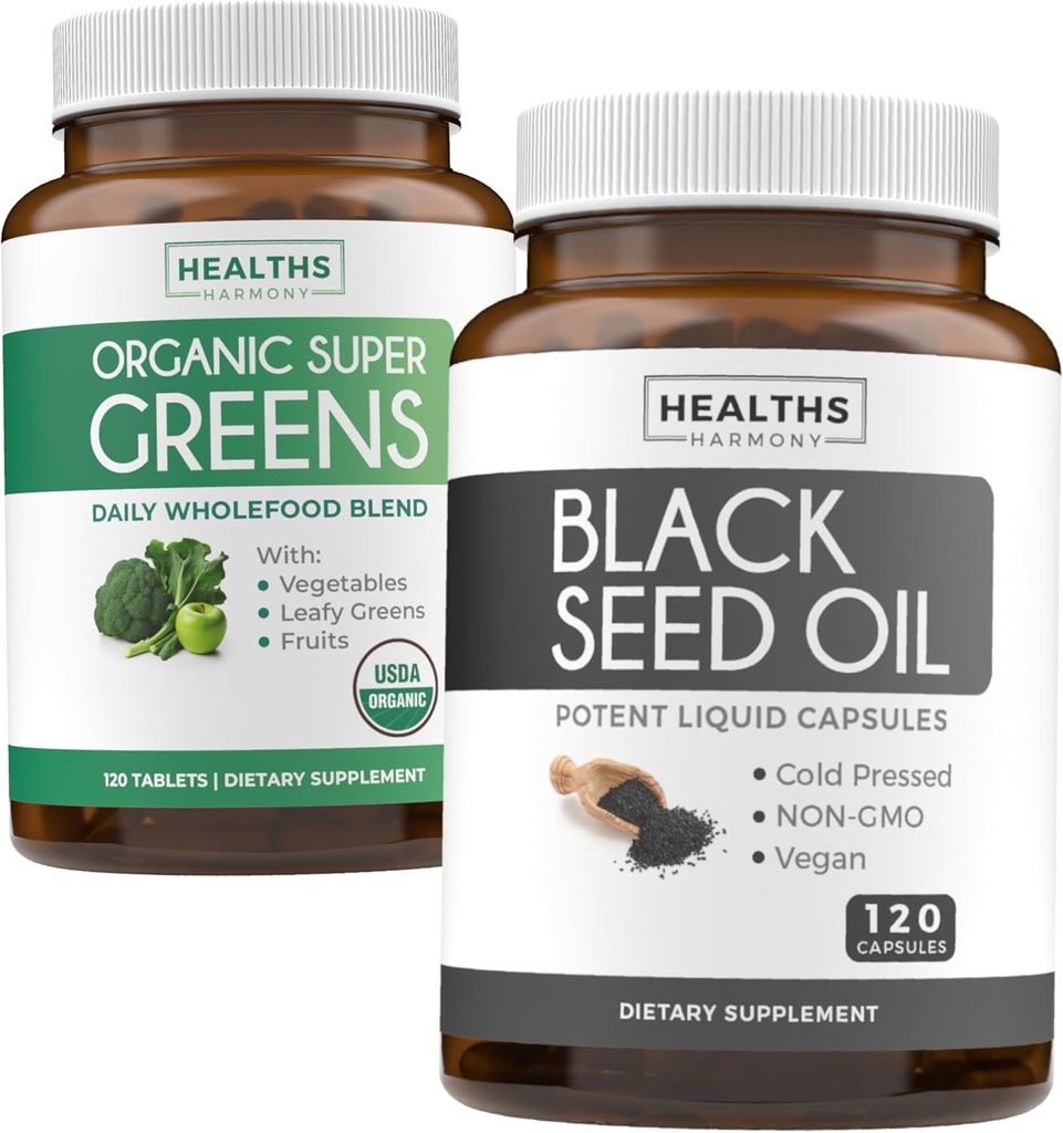 Super Greens & Black Seed (2-Month Supply) Greens Oil Synergy Bundle of Organic Super Greens Powder - Komplette Superfood (120 Kapseln) & Schwarzes Seed Oil - Kaltgepresstes Nigeilla Sativa (120 Kapseln)