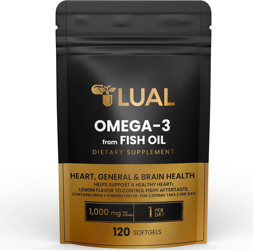 LUAL Omega-3 Fish Oil Softgels – 1000mg mit EPA und DHA, Lemon Flavor, Burpless, Non-GMO Formel für Herz, Gehirn und Gesamt-Wellness – 120 Count
