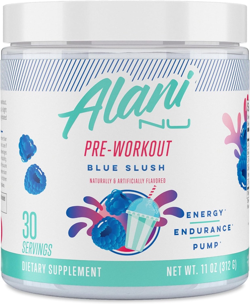 Alani Nu Pre Workout Powder Blue Slush, Amino Energy Boost, Endurance Supplement, Sugar Free, 200mg Koffein, L-Theanin, Beta-Alanin, L-Citrullin, 30 Servierungen