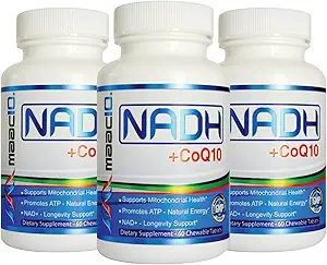 MAAC10 NADH + CoQ10 Kautabletten (3-Pack - 180 Tablets) | 50mg PANMOL® NADH + 100mg CoQ10 Unterstützt Fett, Energie und NAD+, Non-GMO, Glutenfrei, Vegetarier (3 Monate Versorgung)