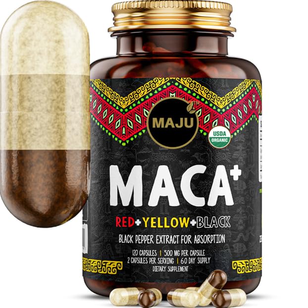 Maju Superfoods 4-in-1 Maca Root Capsules, Organic Black, Yellow & Red Roots w Black Pepper Extract for Absorption (120 ct) | Peru Produkt, Peruvian Powder, Men & Women Supplement, 60.000 mg
