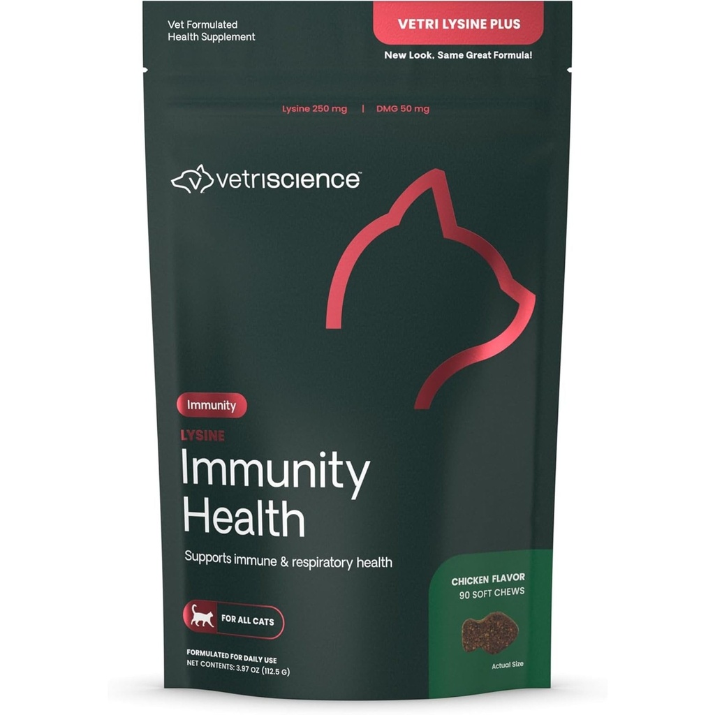 VetriScience Lysine Immunity Health Chews, 250 mg Lysine Plus Immunergänzung für Katzen und Kätzchen mit Allergien, Niesen, Runny Nose und Wassery Eyes, Huhn, 90 Count