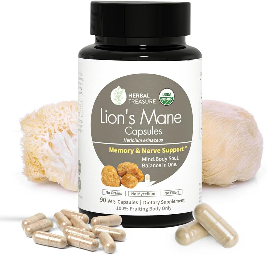 Herbal Treasure Lions Mane Supplement Kapseln, Hergestellt mit Bio Lions Mane Pulver für Psychische Klarheit und Fokus Supplements, 800mg Lions Mane Powder Organic Mushroom Supplement 90 Caps