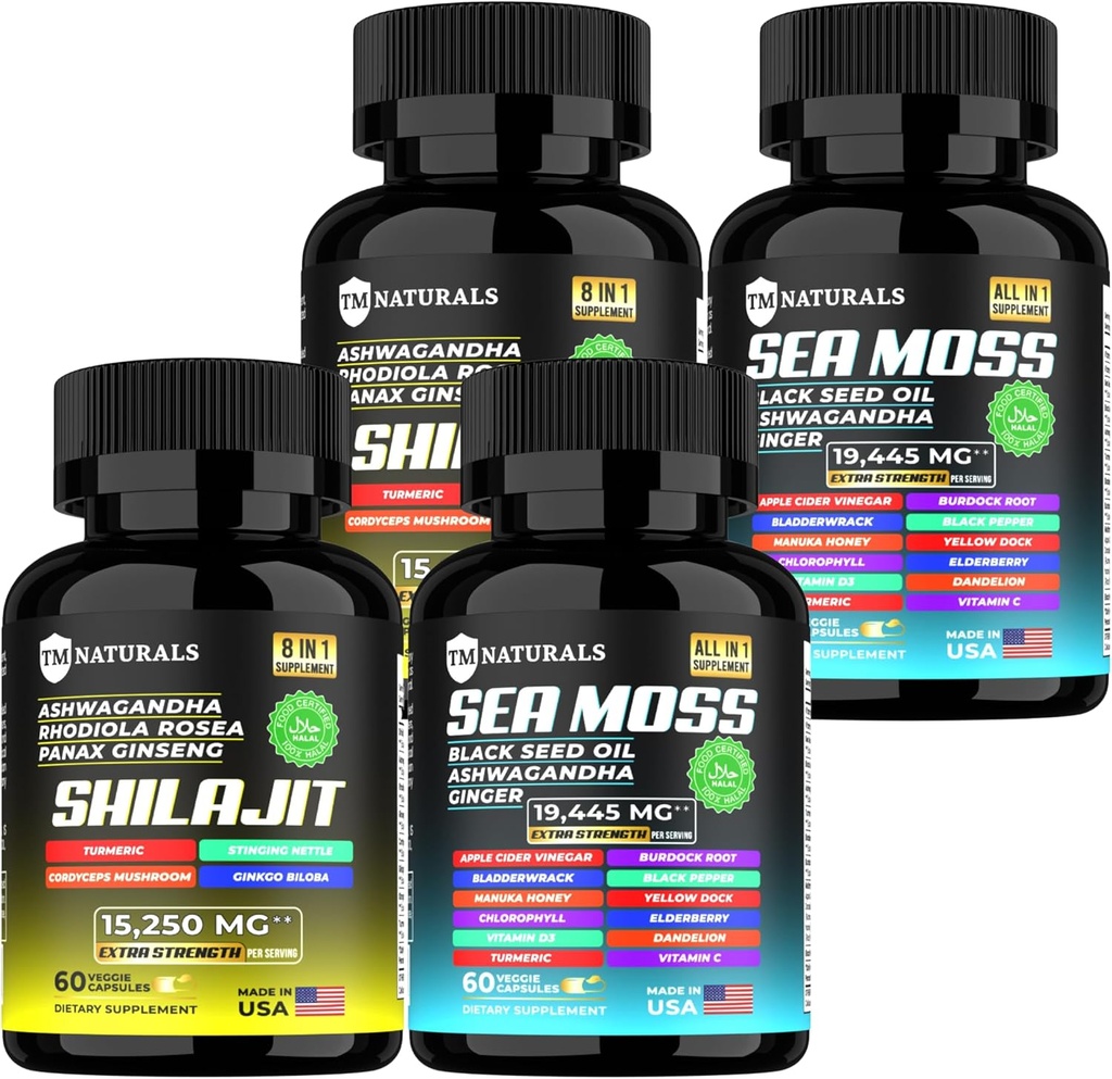 Sea Moss Black Seed Oil Ashwagandha Ginger Kapseln, Ergänzung mit Turmeric und Ginger Ergänzung Bladderwrack Burdock Root Organic,ACV Black Seed Oil - 240 Sea Moss Kapseln
