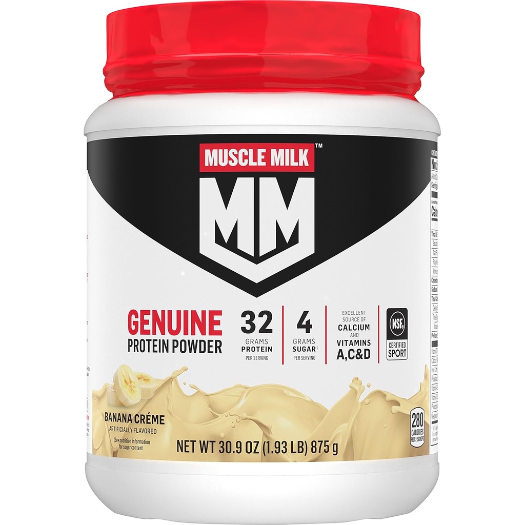 Muscle Milk Genuine Protein Powder, Banana Crème, 1.93 Pfund, 13 Portionen, 32g Protein, 4g Zucker, Calcium, Vitamine A, C & D, NSF zertifiziert für Sport, Energizing Snack, Packaging May Vary