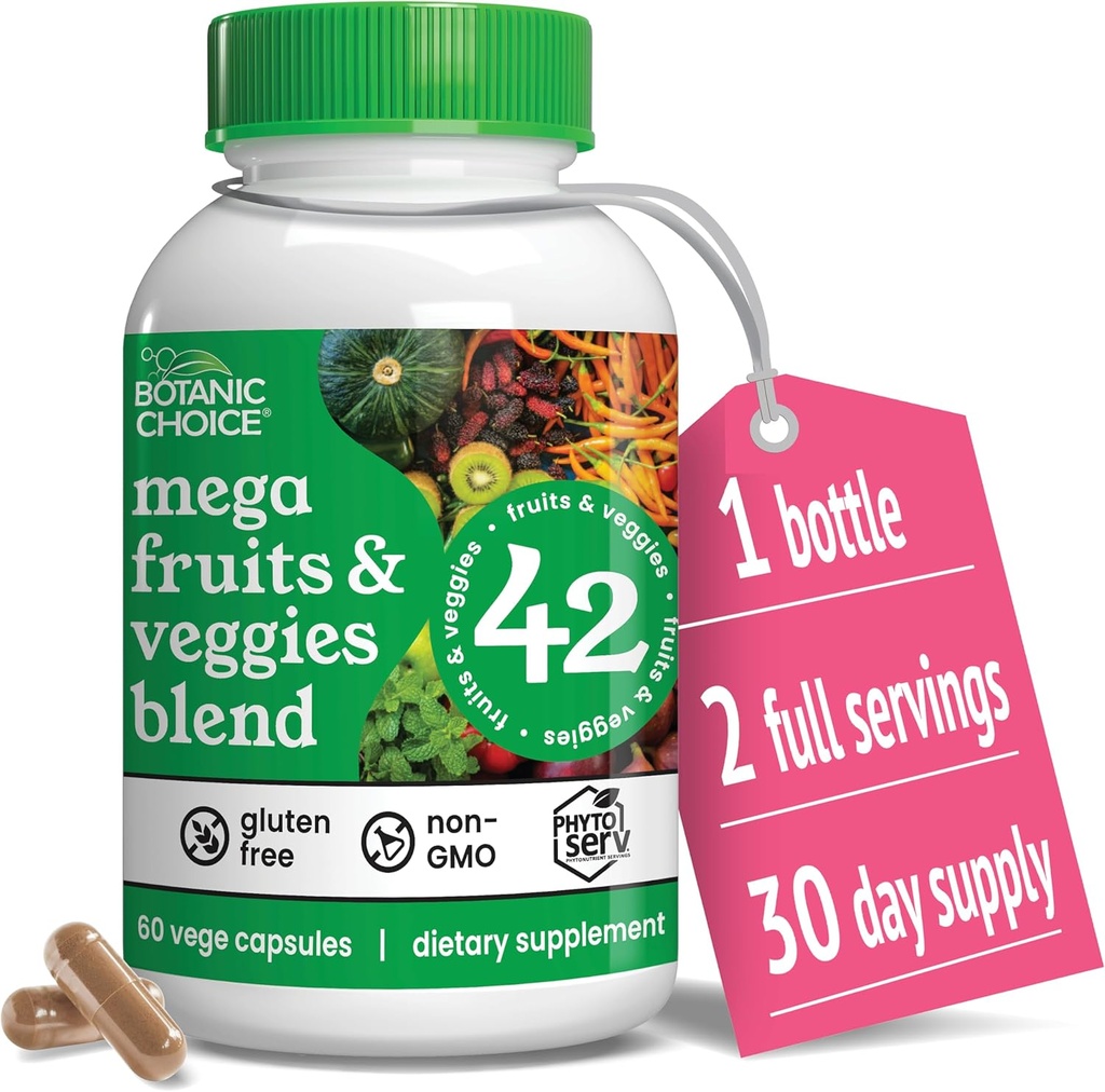 Botanische Wahl Mega Obst und Gemüse Mischung - 42 Obst & Gemüse Superfood Kapseln - Elderberry, Chlorella, Kale - Ergänzungen - 60 Kapseln