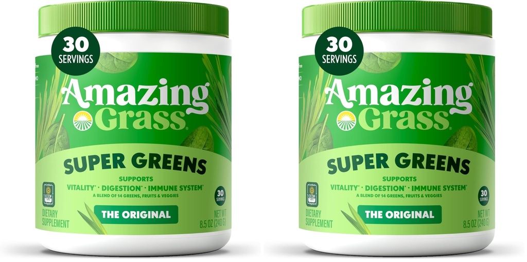 Bundle of Amazing Grass Greens Superfood Powder: Grüns Pulver mit Verdauungsenzymen & Probiotika, Bio Spirulina, Chlorella und Rübenwurzelpulver, Original, 30 Servierungen (60 Gesamt Servierungen)