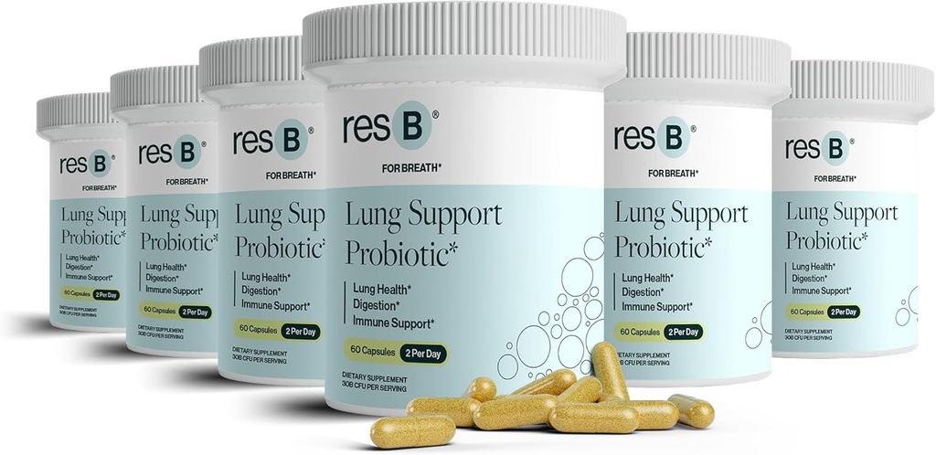 resbiotic resB Lung Support Probiotic Supplement - Lung Health Supplement für Raucher, Gut Health, Immununterstützung, Atemschutz, Heilige Basilikum, Kurkuma, Klinisch getestet - 360 Kapseln (6 Flaschen)