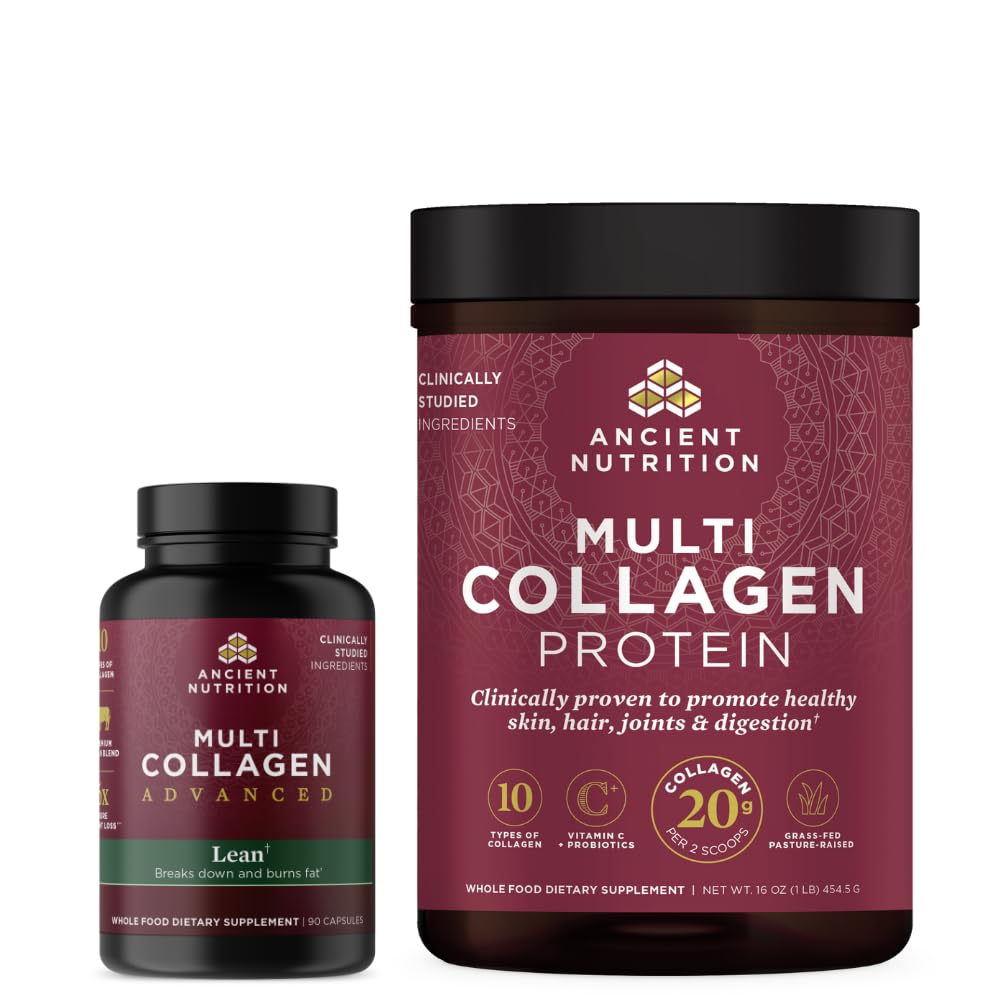 Antike Ernährung Multi Collagen Advanced Capsules, Lean, 90 Count + Multi Collagen Protein Powder, Unflavored, 45 Servierungen