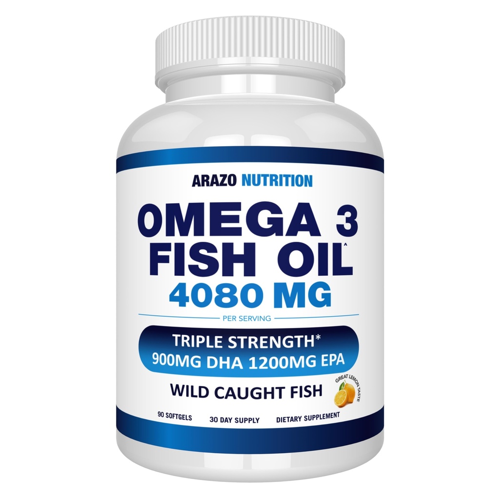 Arazo Nutrition Wild Caught Omega 3 Fish Oil – 90 Soft Gels – 4,080mg High EPA 1200mg DHA 900mg Zitronenflavor Burpless Softgels