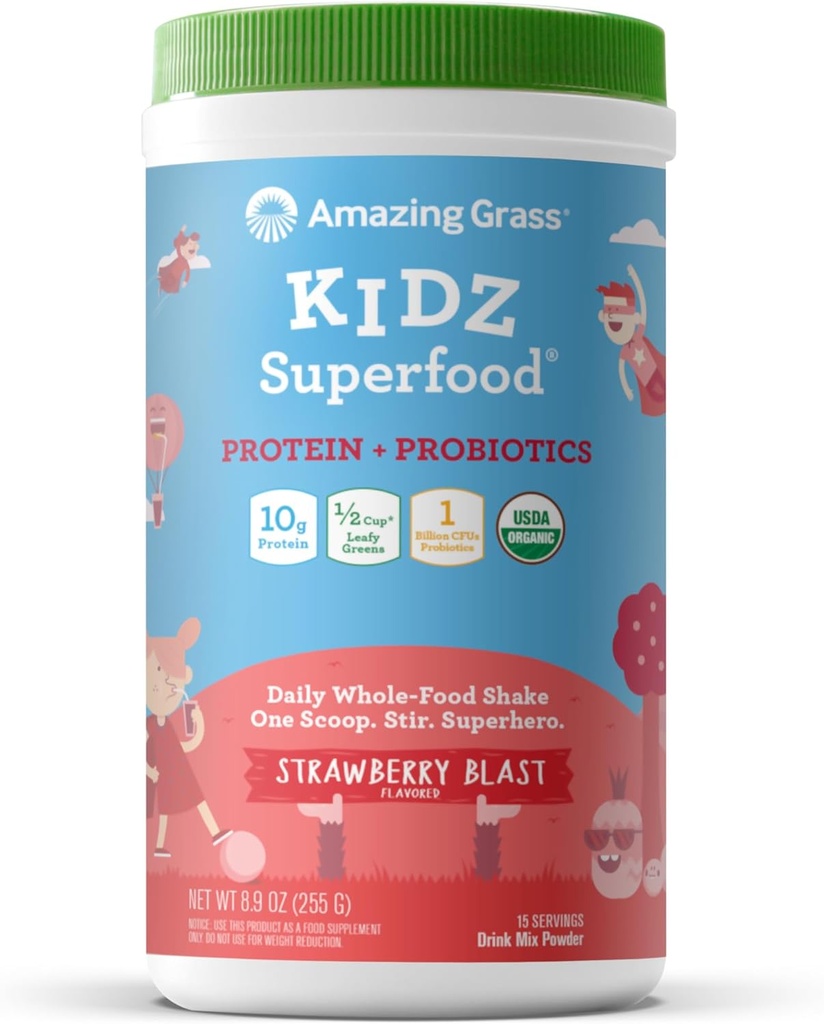 Erstaunliche Gras Kidz Superfood: Vegan Protein & Probiotika für Kinder mit Rübenwurzelpulver & 1/2 Tasse Blattgrün, Erdbeerblase, 15 Servierungen