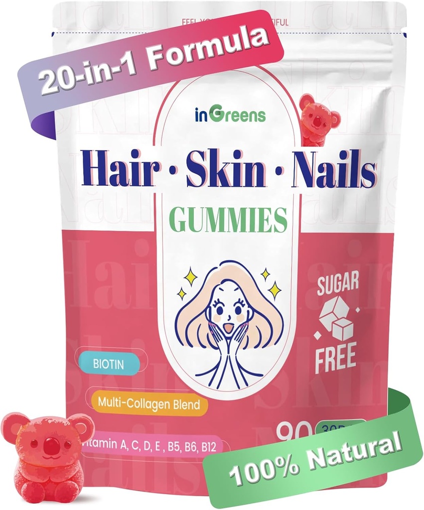 20-in-1 Haar Haut und Nägel Gummi, Haar Biotin Vitamine für Frauen & Männer mit 10000 mcg Biotin, Vitamine A, C, D, E für Haarwachstum & Gesunde Haut, Weiß Peach Flavor, 90 Gummie