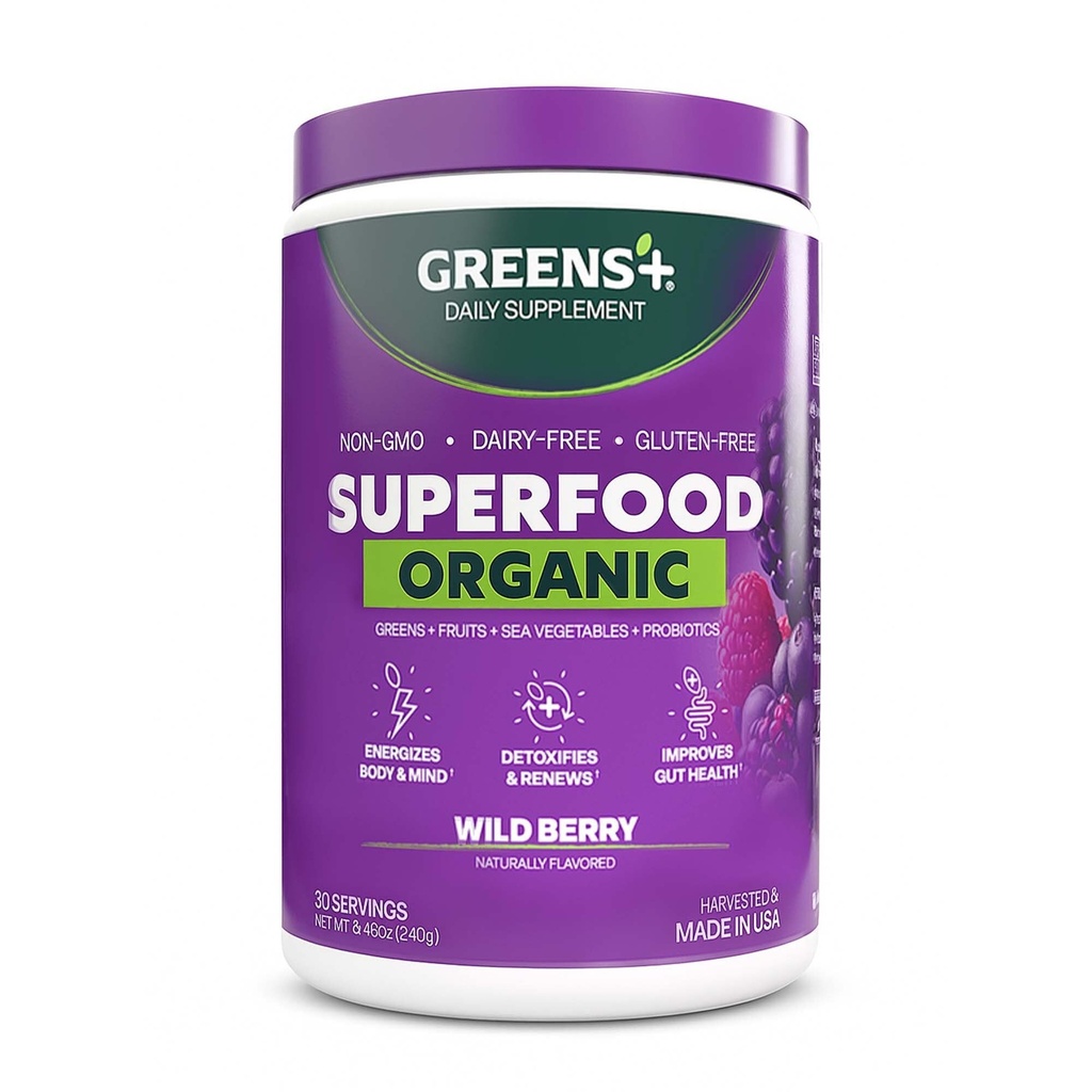 Greens+ Bio Wild Berry Superfood Pulver, Antioxidans Polyphenol, Mischung für Morgen Kick, Energie, Vitalität Boost, Ernährung, Vitale Gesundheit, Nahrungsergänzungsmittel, Vegan Soy/Dairy/Gluten Free(8.46oz)