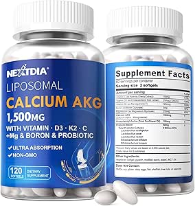 2 Pack Liposomal Kalzium AKG Ergänzung 1500mg mit Vitamin D3 & K2 für Frauen & Männer, Kalziumergänzung mit Magnesium Glycinat, Boron, Probiotics & Vitamin C für Knochenstärke & Energie, 240 Softgels