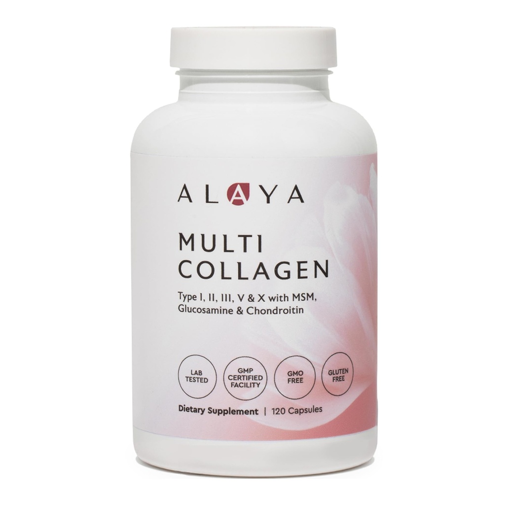 Alaya Naturals Hydrolyzed Multi Collagen Peptides Protein Capsules - Typ I, II, III, V, X Grass-Fed Bovine, Huhn, Marine Collagen Supplement mit MSM + GC (Capsules - 120 Count)