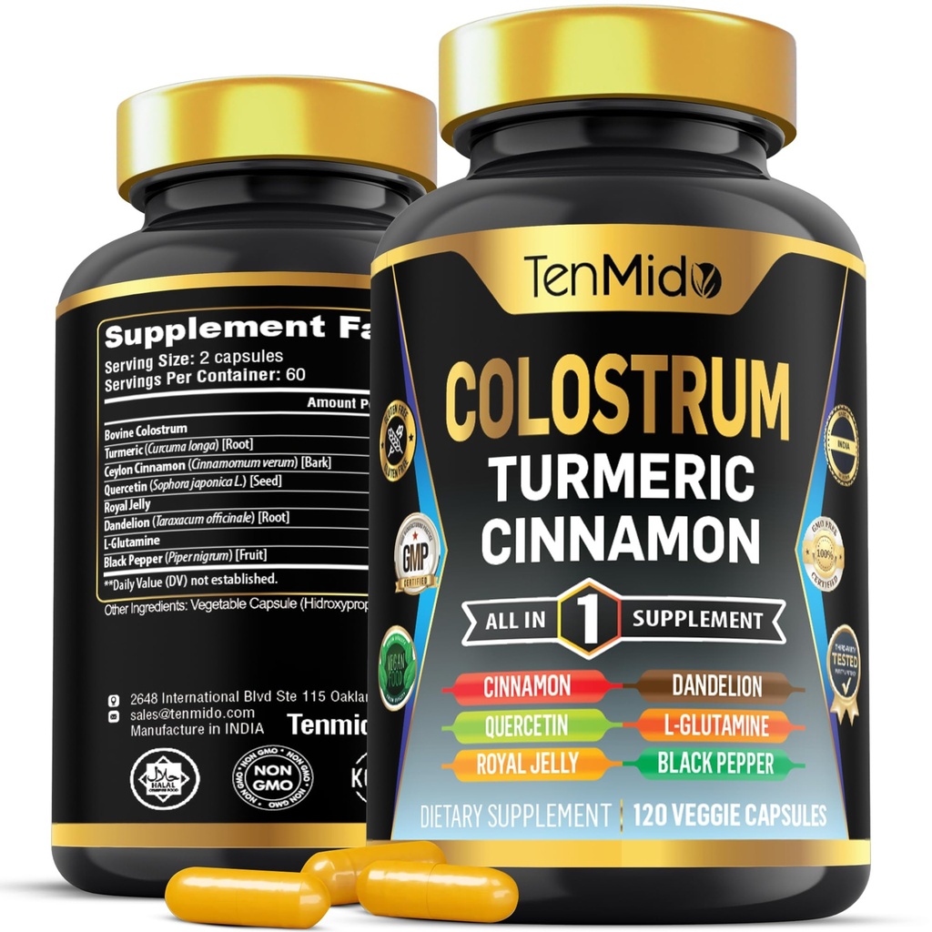 Colostrum Supplement - 8in1 Formel - Kombinieren Sie mit Turmeric, Ceylon Cinnamon, Quercetin, Royal Jelly, Dandelion, L- Glutamin und Black Pepper - Verdauungshilfe - 120 Kapseln